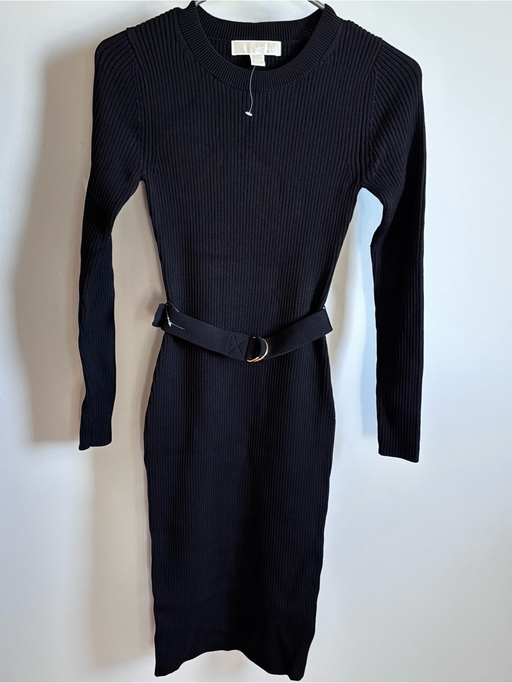 MICHAEL Michael Kors Black Ribbed Long Sleeve Belted Dress